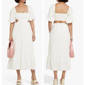 O.p.t. Leighton Smocked Maxi Dress White Cutout Waist Puff Sleeves Cottagecore